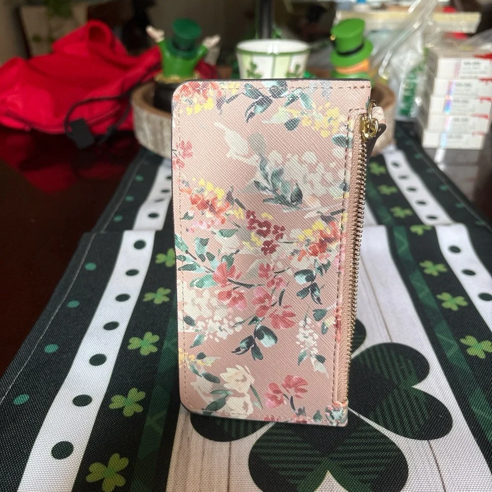 Floral Slim Card Holder Travel Wallet With Zip Coin Pocket